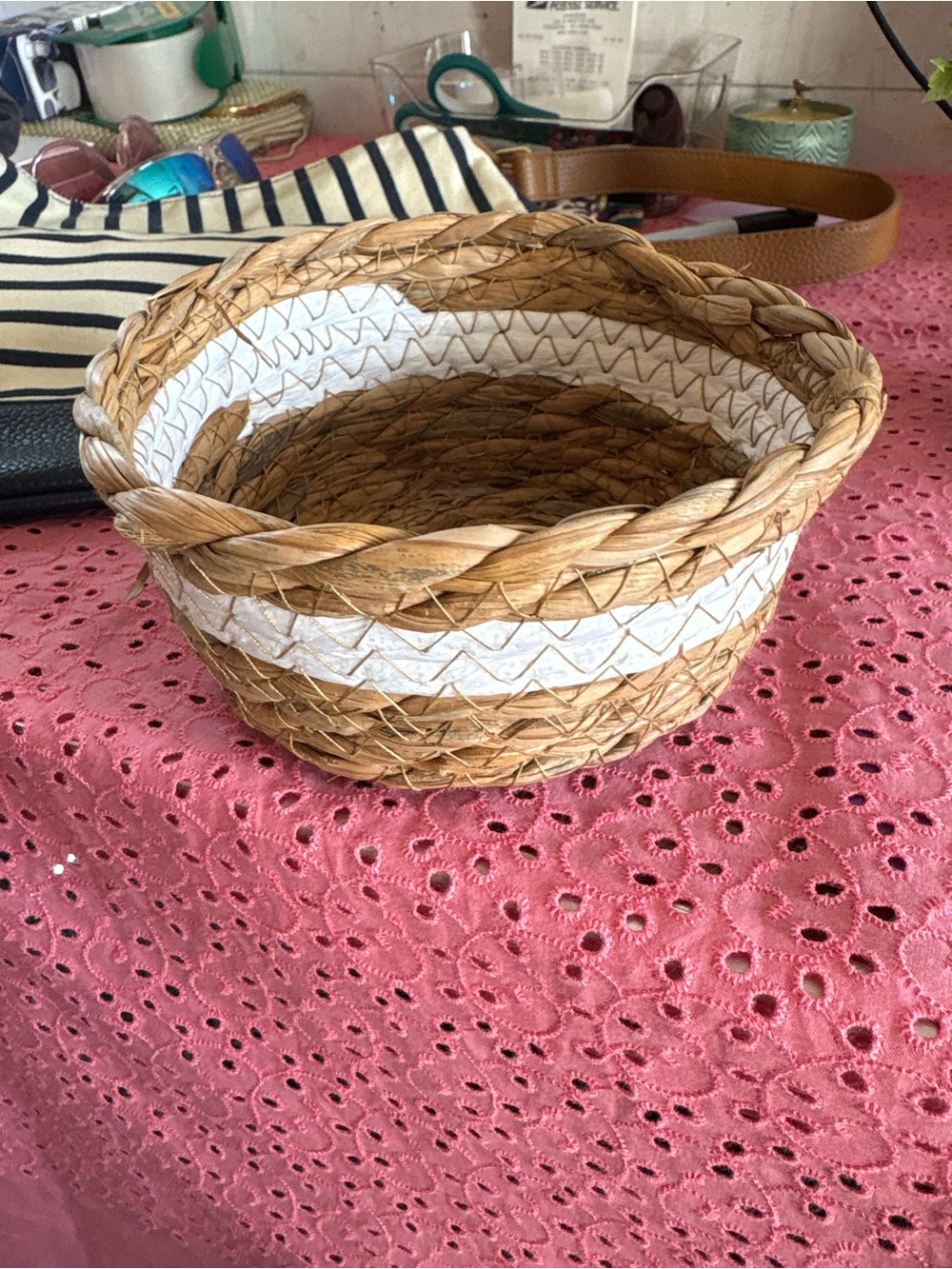 Woven Natural Seagrass Basket with White Stripe - Home Accents